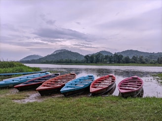 a group of boats sit on the shore of a lake