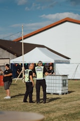 a group of people standing outside a building