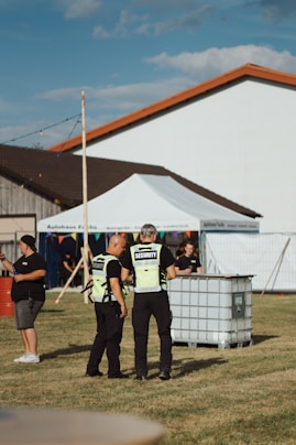 a group of people standing outside a building