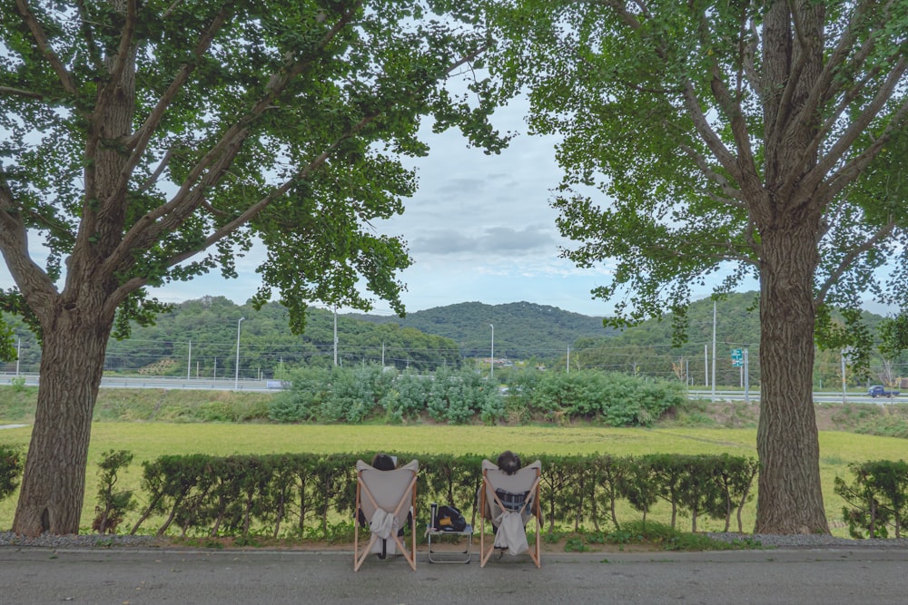 a couple of people sitting in chairs by a tree and a fence