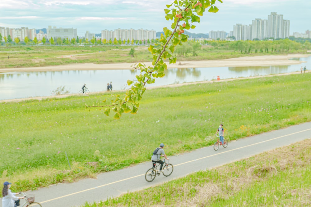 a group of people riding bikes on a road next to a pond