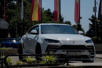 A white luxury SUV is parked outdoors, surrounded by several flags in various colors. The vehicle has a sleek design with noticeable branding on the front grille. In the background, there is another blue car visible. The setting includes a mix of natural elements like trees and decorative plants along with urban structures.