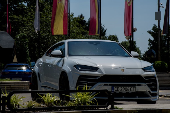 A white luxury SUV is parked outdoors, surrounded by several flags in various colors. The vehicle has a sleek design with noticeable branding on the front grille. In the background, there is another blue car visible. The setting includes a mix of natural elements like trees and decorative plants along with urban structures.