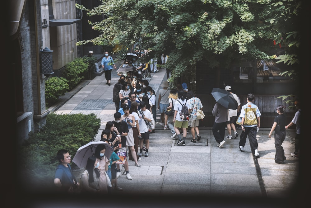 a group of people walking down a street with umbrellas