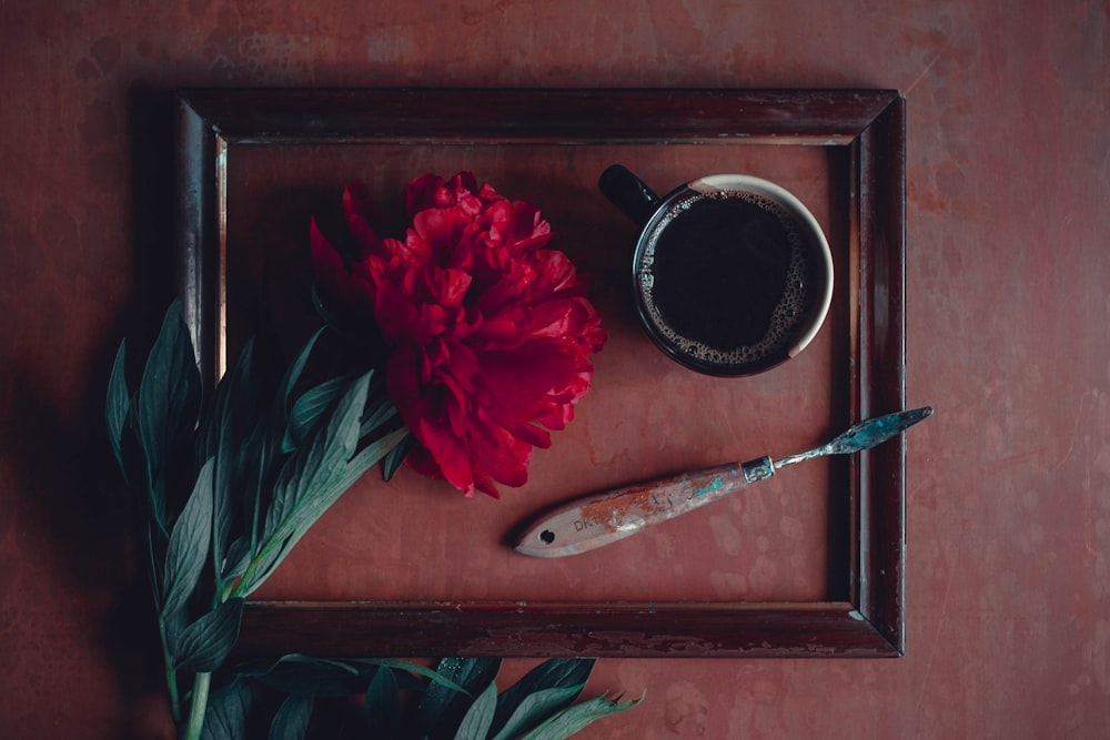 a red flower in a frame