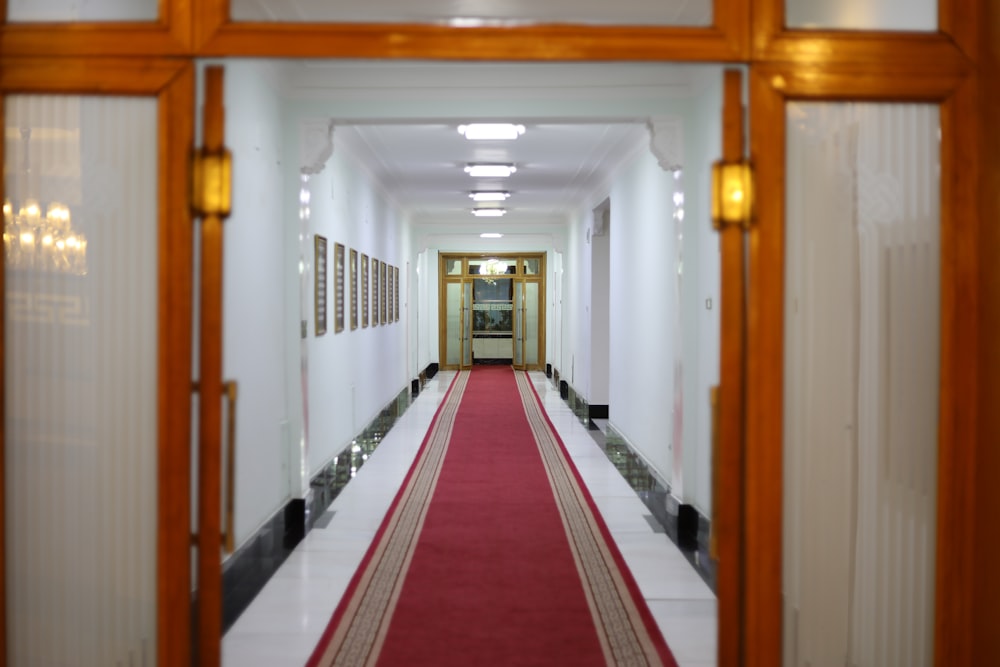 a hallway with red carpet