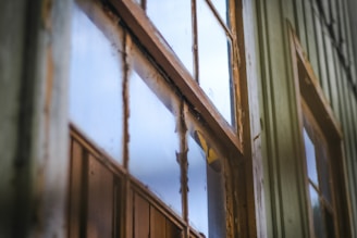 Weathered wooden window frames with some glass panels partially covered by dirt. The wall around the windows is clad in green vertical siding, suggesting an old or abandoned building.