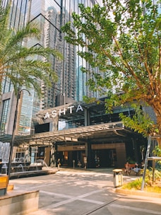 a building with trees and plants