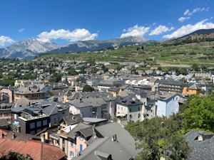 A picturesque town nestled in a valley surrounded by mountains in the background. The town features a variety of buildings with predominantly grey and brown rooftops, set against a backdrop of lush vineyards climbing the hillsides. Clear skies with scattered clouds add to the serene atmosphere.