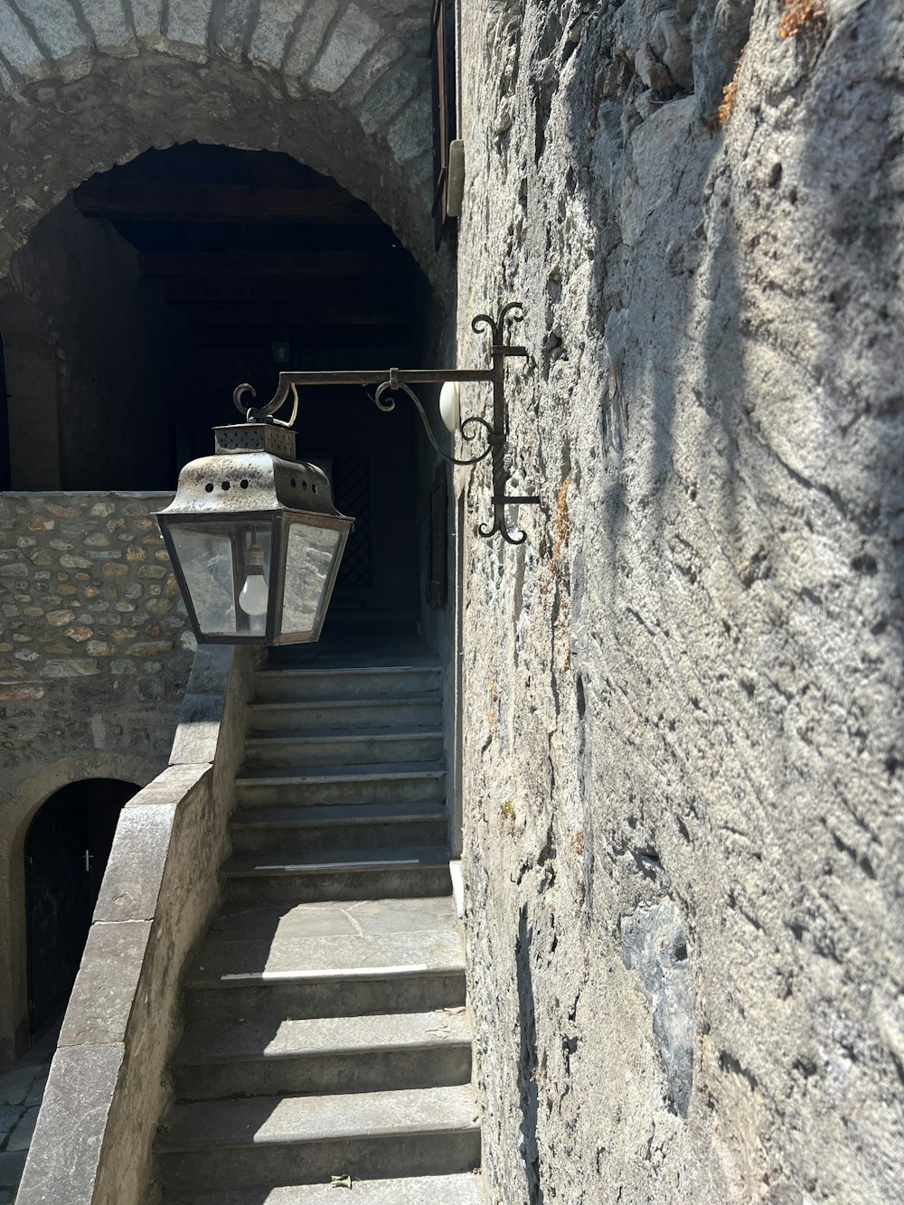 a staircase with a light on it