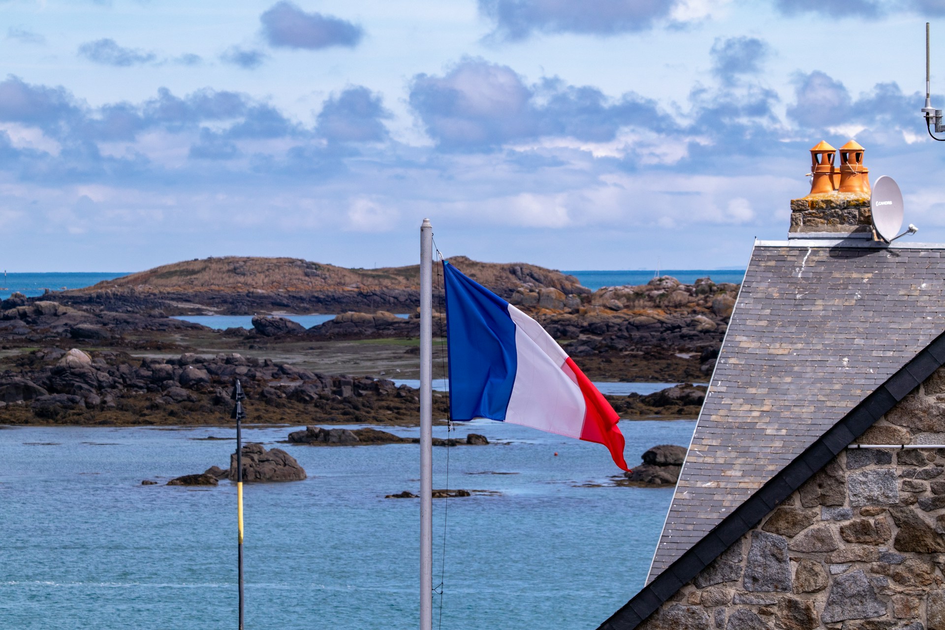 a flag on a pole next to a body of water