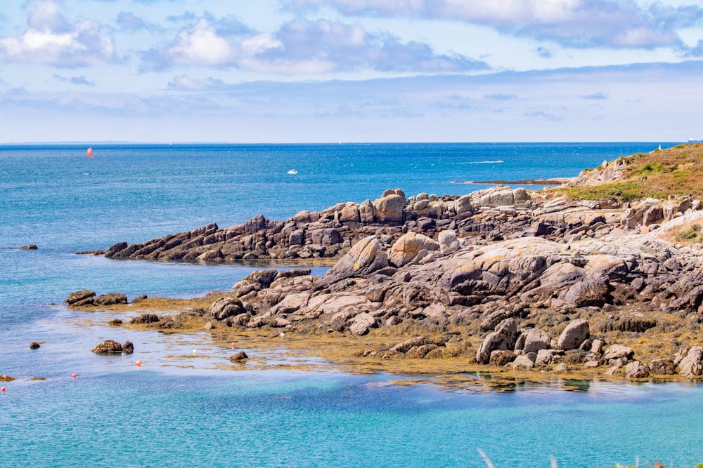 a rocky beach with blue water