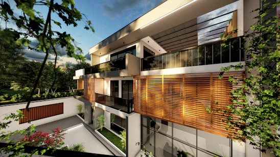 A warm, inviting modern home under construction with architects and builders collaborating on site.