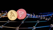 Two virtual coins, one gold with a bear symbol and another pink featuring a triangular logo, are positioned against a backdrop of interconnected digital nodes. The image conveys a futuristic and technological ambiance.