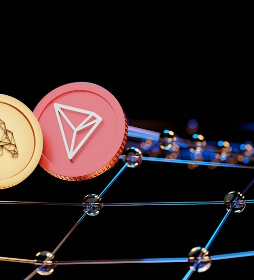 Two virtual coins, one gold with a bear symbol and another pink featuring a triangular logo, are positioned against a backdrop of interconnected digital nodes. The image conveys a futuristic and technological ambiance.