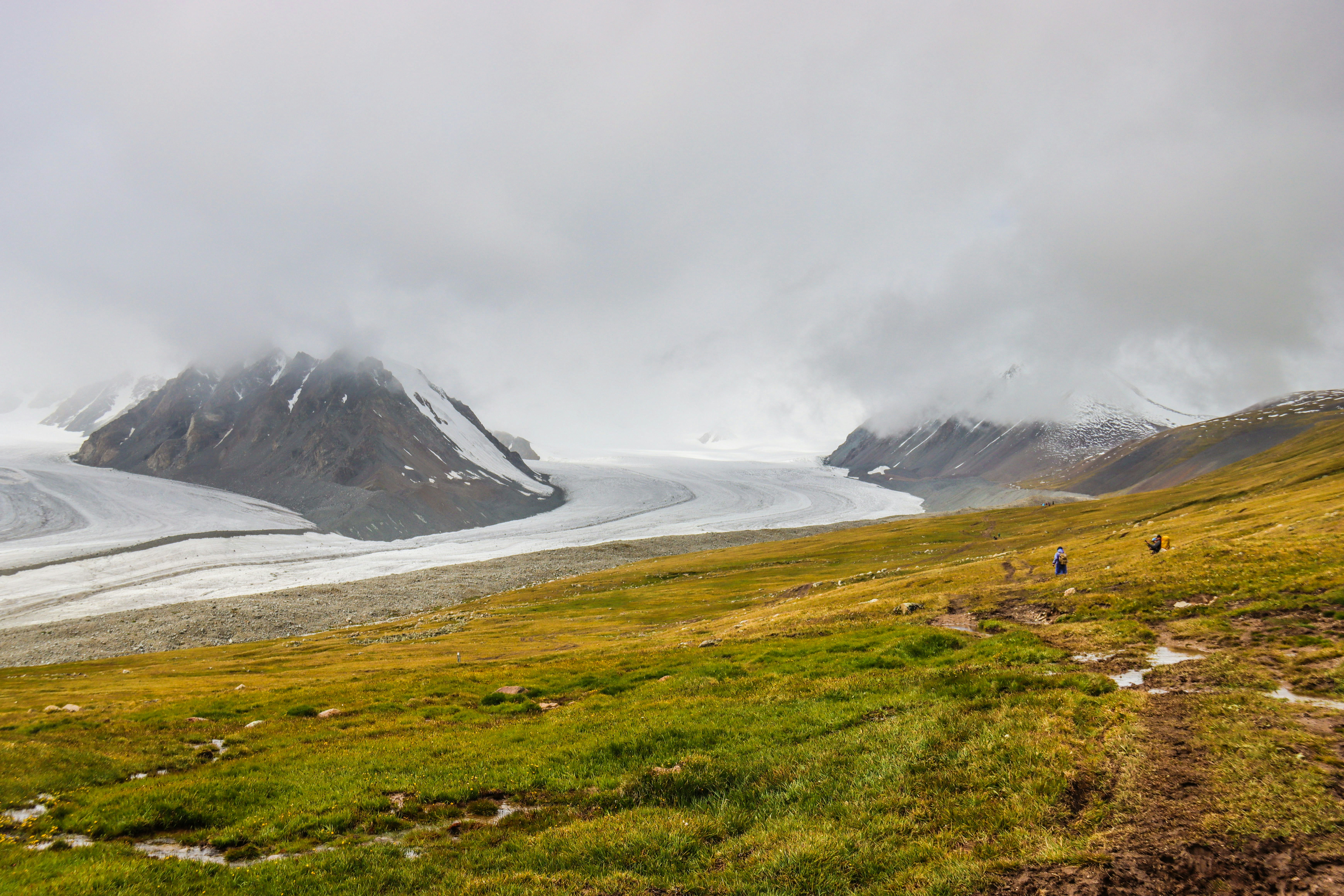 a grassy hill with a body of water and mountains in the background