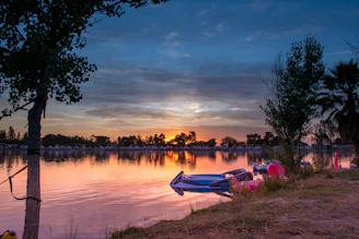 a body of water with boats on it and trees around it