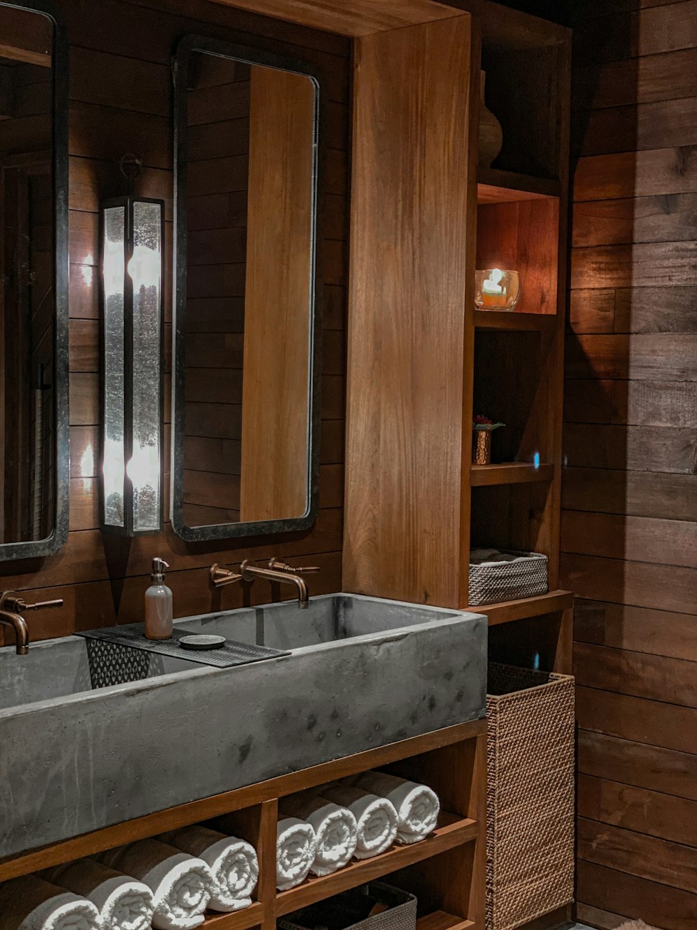 a kitchen with a large mirror