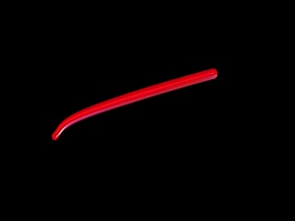 A single, curved, red plastic straw is positioned horizontally against a solid black background.