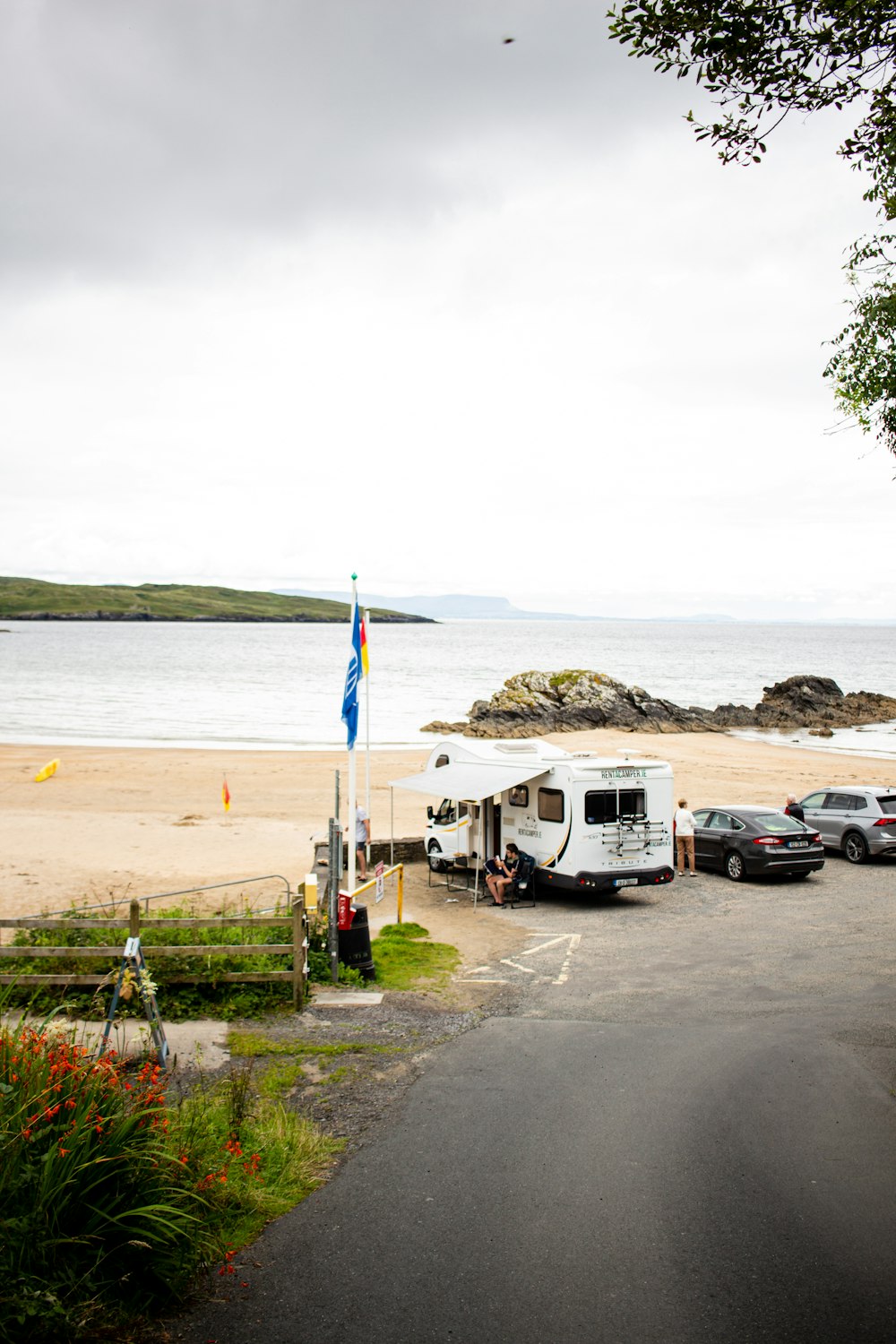 a white rv parked on a beach