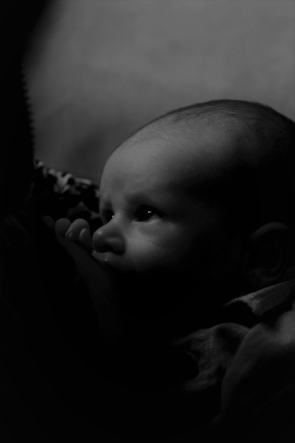 a baby in a black and white photo