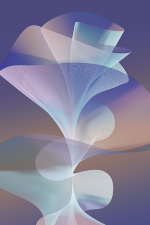 An abstract digital artwork featuring swirling, translucent forms that resemble a combination of waves and delicate fabrics. The design displays a gradient of soft pastel colors, including blues, purples, and pinks, against a muted background, creating a sense of depth and fluidity.