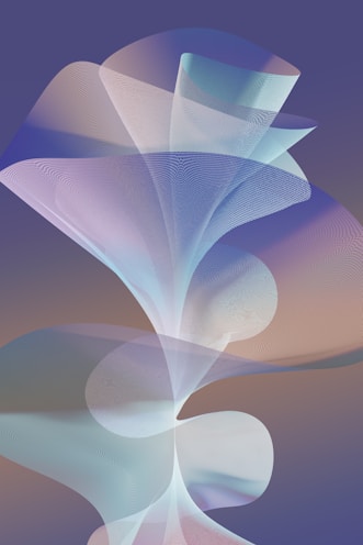 An abstract digital artwork featuring swirling, translucent forms that resemble a combination of waves and delicate fabrics. The design displays a gradient of soft pastel colors, including blues, purples, and pinks, against a muted background, creating a sense of depth and fluidity.
