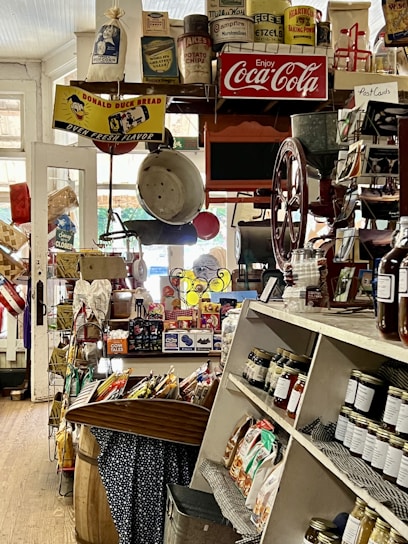 A nostalgic general store displaying a variety of vintage products and advertisements. Shelves are filled with jars of preserves and snacks, and old-fashioned signs such as Coca-Cola and Donald Duck Bread add a retro charm. The store has a cluttered but welcoming atmosphere, with barrels, bags of popcorn, and a colorful assortment of goods.
