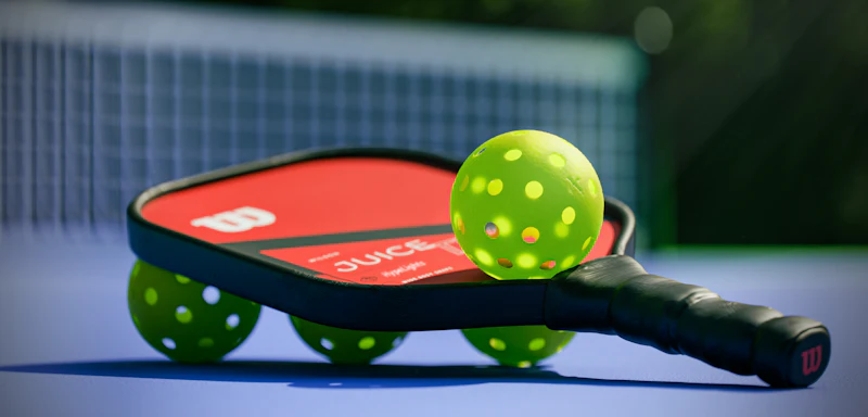 Pickleball paddles and a ball laid out before a game