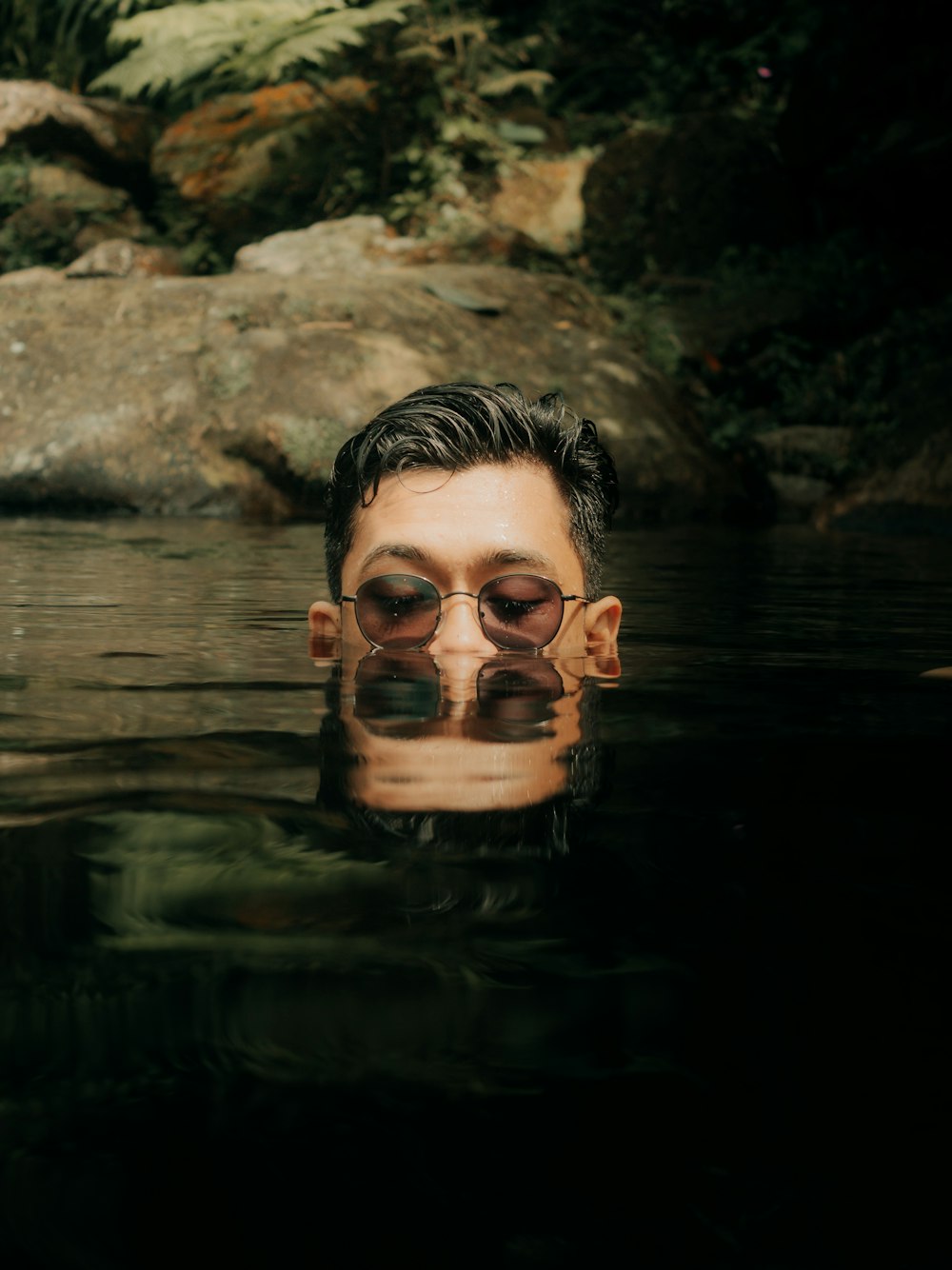 a man's face in a body of water