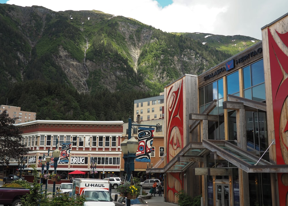 a city with a mountain in the background