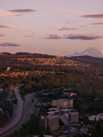 Bellevue, Washington skyline with Mount Rainier at sunset