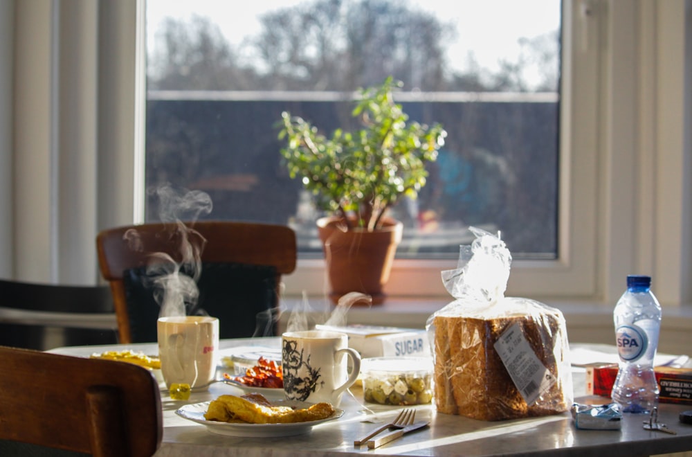 a table with food and drinks