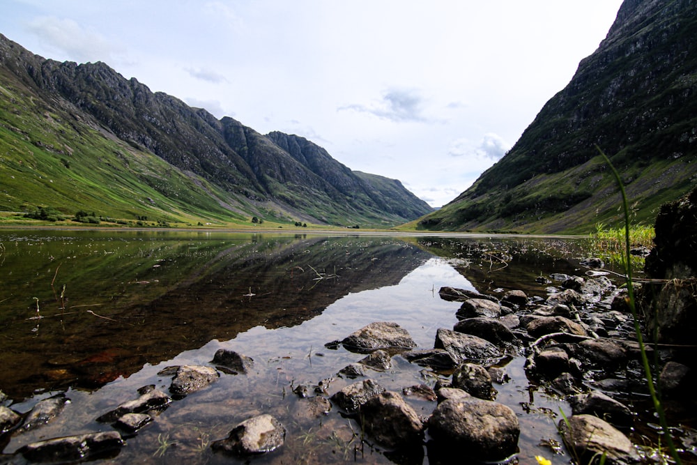 a river running through a valley between mountains