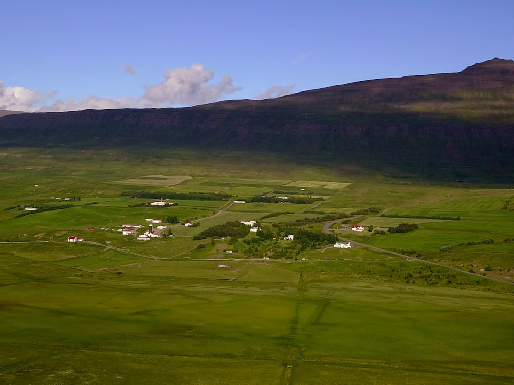 a green landscape with houses and hills