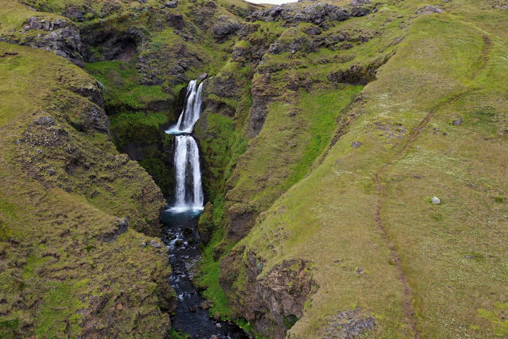 a stream of water running through a grassy area