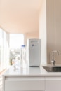 a white water bottle on a counter