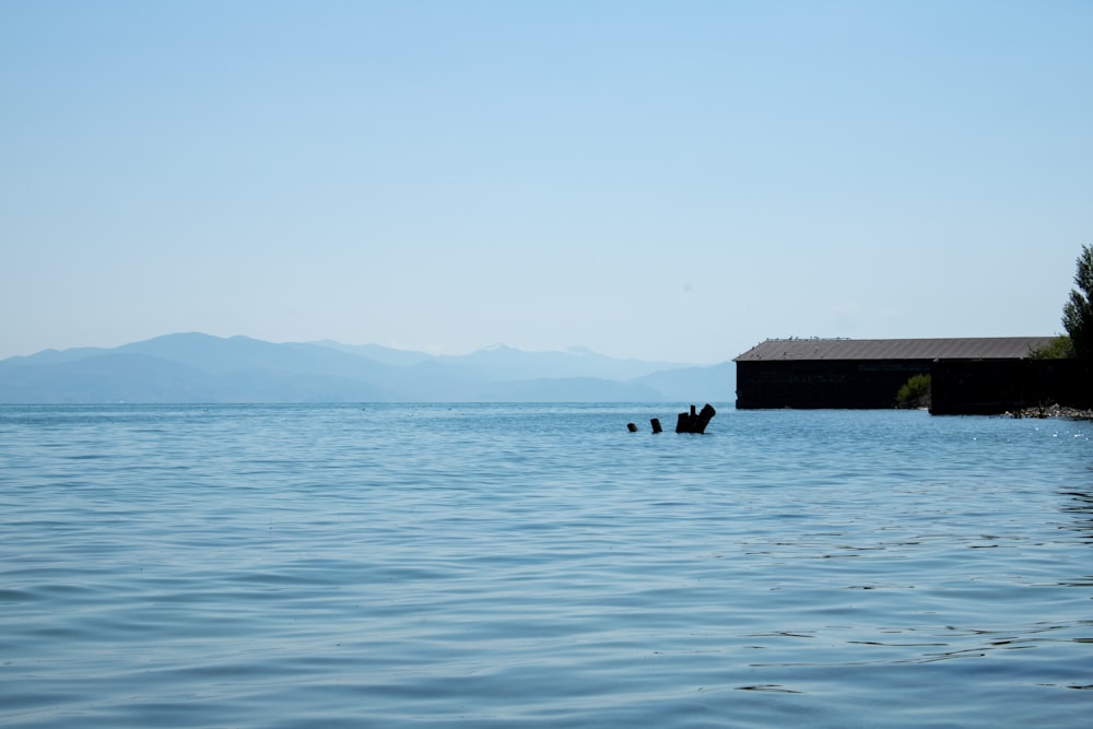 a body of water with a dock and a building in the distance