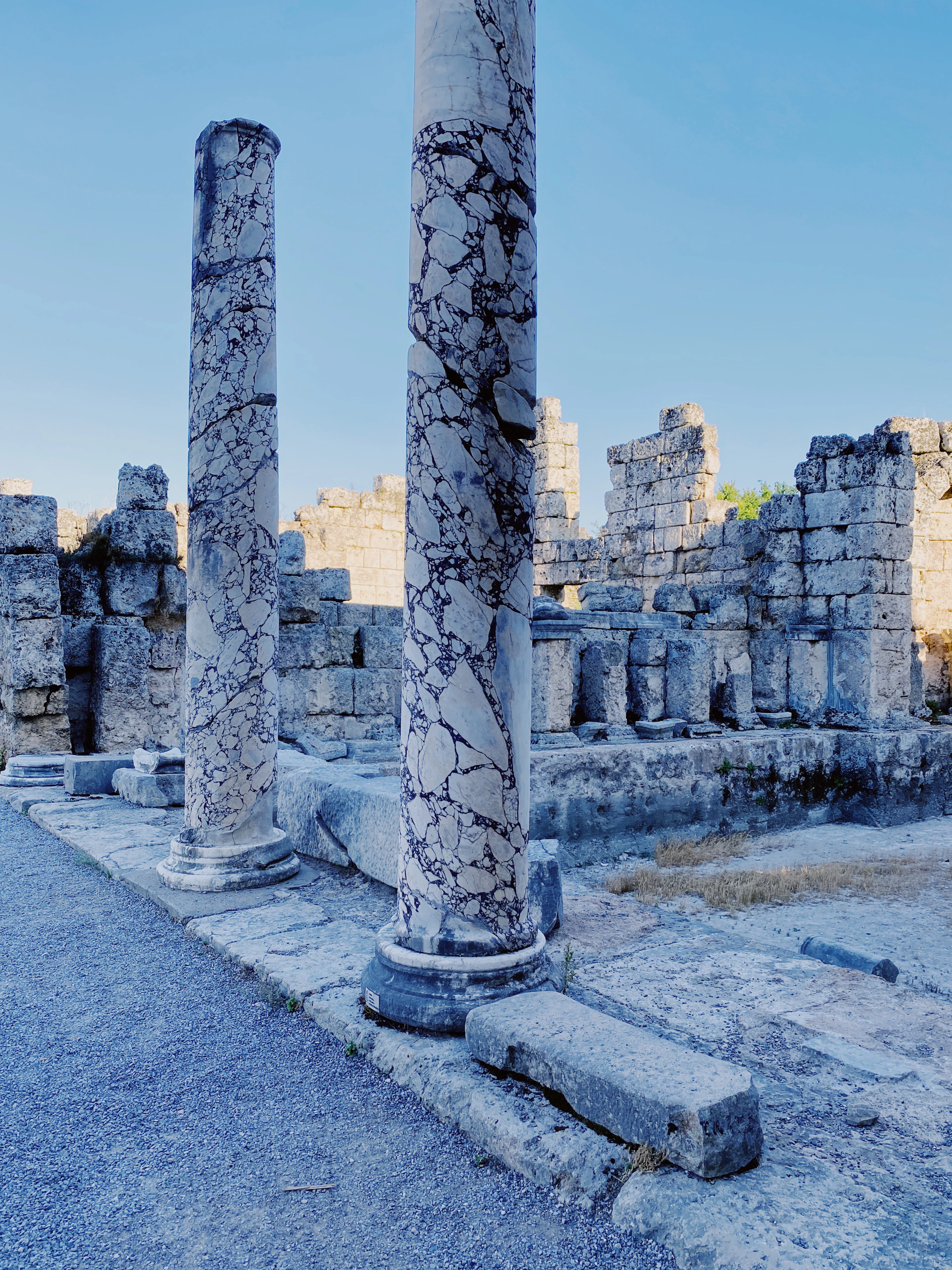 Two tall marble columns with dark veining stand among the ancient ruins of Perge under a clear sky.