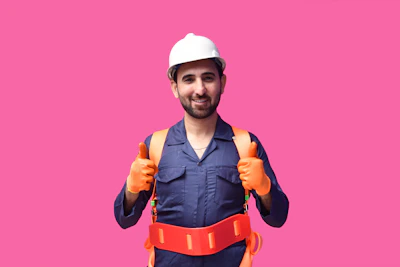 a person wearing a hard hat and holding a yellow tool