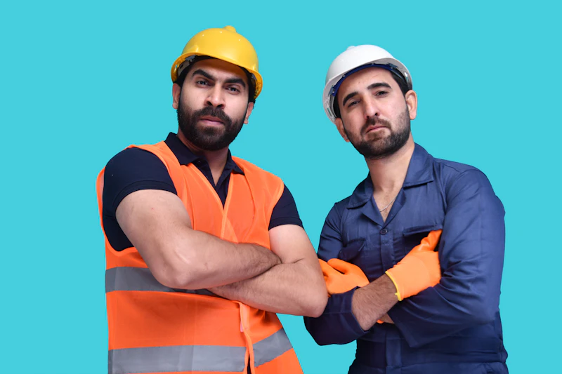 Two Kinetic Electric tradespeople in hi-vis, arms crossed, ready to work.
