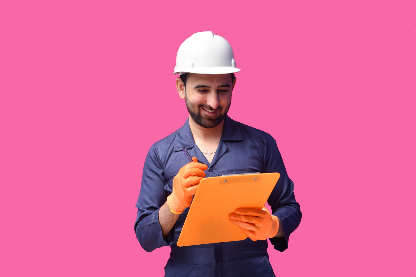 On-site contractor in hard hat with project folder