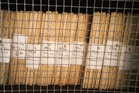 Stacks of organized brown files are secured behind a wire mesh. Each file is labeled with handwritten tags displaying the numbers 1956 and codes like 343 and 352. The scene reflects a methodical storage system, possibly for records or documents.