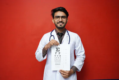 Indian ophthalmologist with eye chart - legal services for optometrists and eye care specialists in Texas