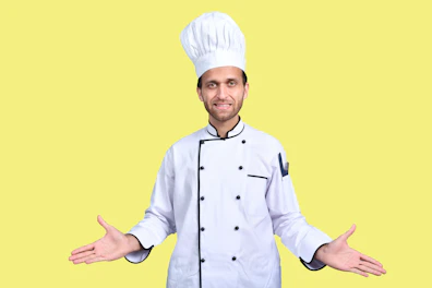a man wearing a chef's hat and standing in front of a yellow background