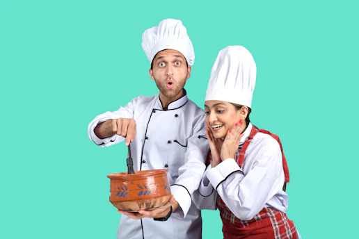 a man and a woman wearing white hats and holding a bucket