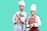 Two chefs in white uniforms and hats stand side by side. The male chef holds a rolling pin and a spatula, while the female chef is smiling and holding a pot with a ladle. She wears a red checkered apron over her uniform. The background is a solid teal color.