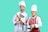 Two chefs in white uniforms and hats stand side by side. The male chef holds a rolling pin and a spatula, while the female chef is smiling and holding a pot with a ladle. She wears a red checkered apron over her uniform. The background is a solid teal color.