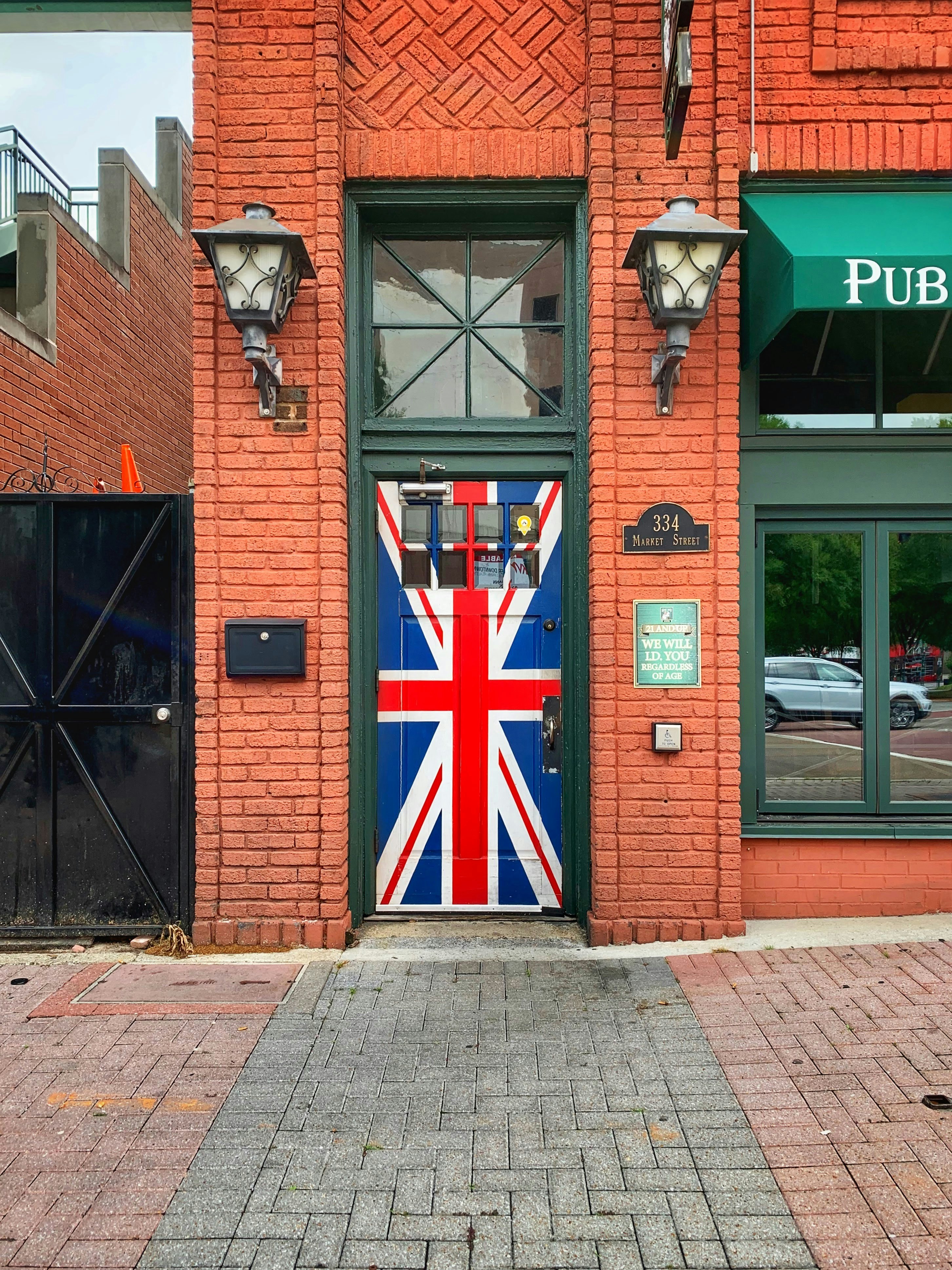 a red building with a blue door