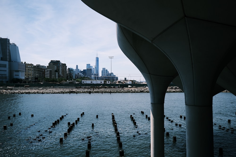 a body of water with a city in the background